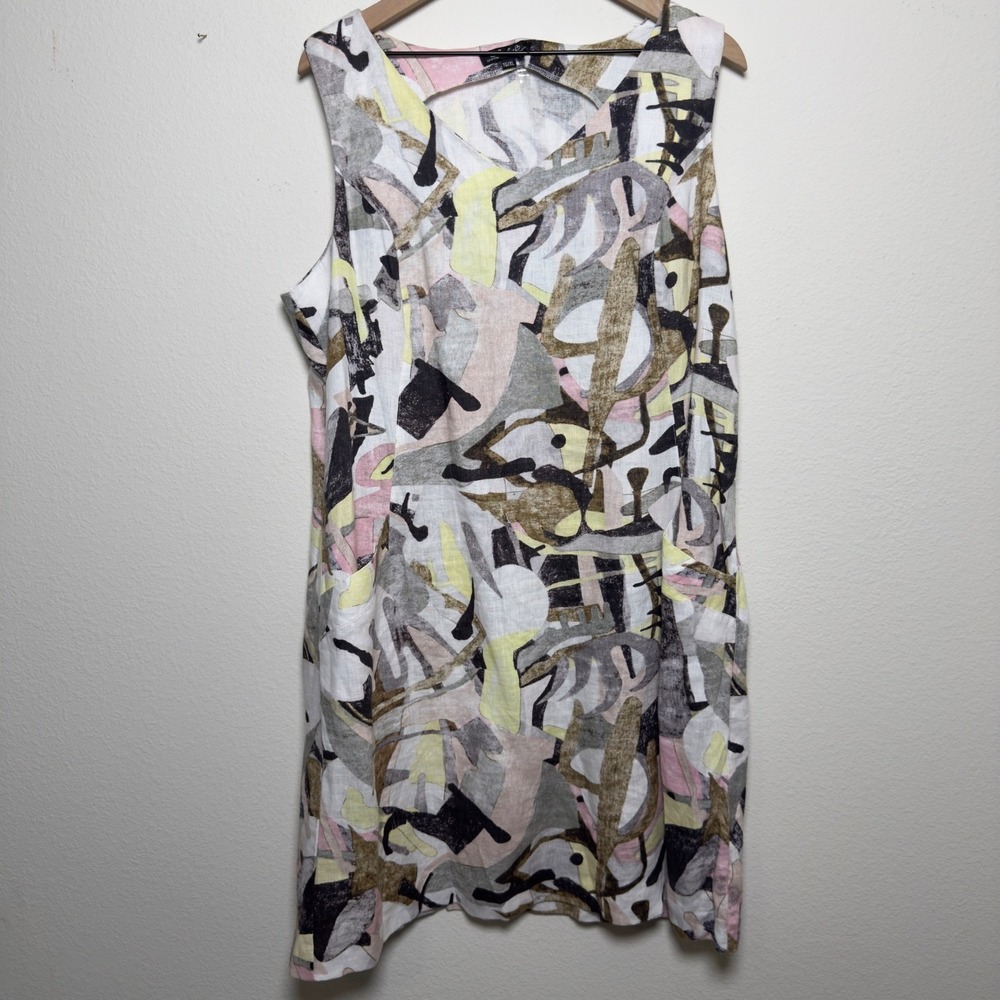 Charlie B Women 100% Linen Dress XL Multicolor Abstract Art to Wear Lagenlook